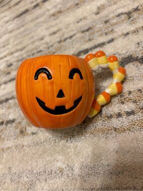 Vintage Omnibus Halloween Pumpkin Ceramic Mug with Candy Corn Handle